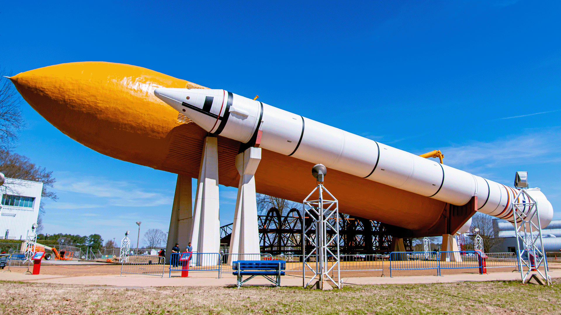 The solid rocket boosters display a fresh coat of paint, including new striping and the external tanks have been outfitted with new orange foam. 