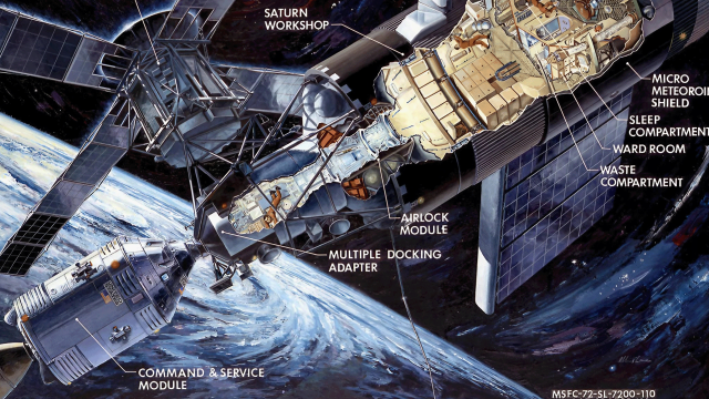 This artist's concept from 1972 is a cutaway illustration of Skylab with the Command/Service Module docked to the Multiple Docking Adapter.