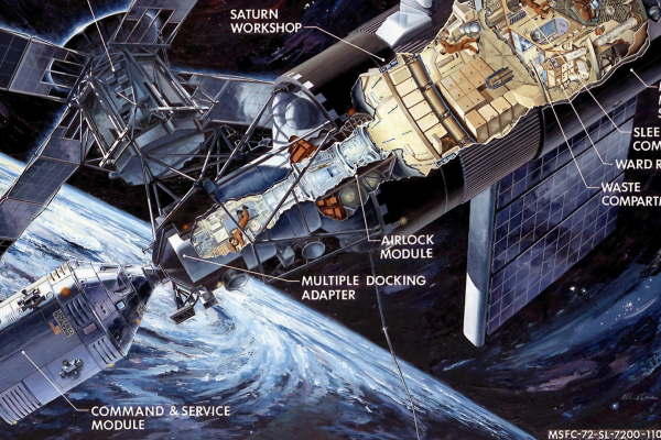 This artist's concept from 1972 is a cutaway illustration of Skylab with the Command/Service Module docked to the Multiple Docking Adapter.